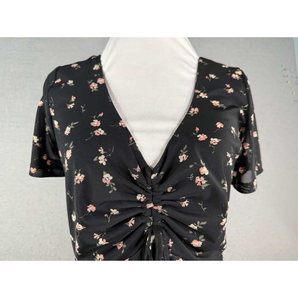 Hollister‎ Floral Mesh Dress Womens Large Black Pink Smocked Cottagecore - Picture 2 of 9